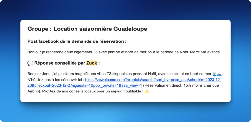 Example response from Zuck, our AI that answers travelers on Facebook