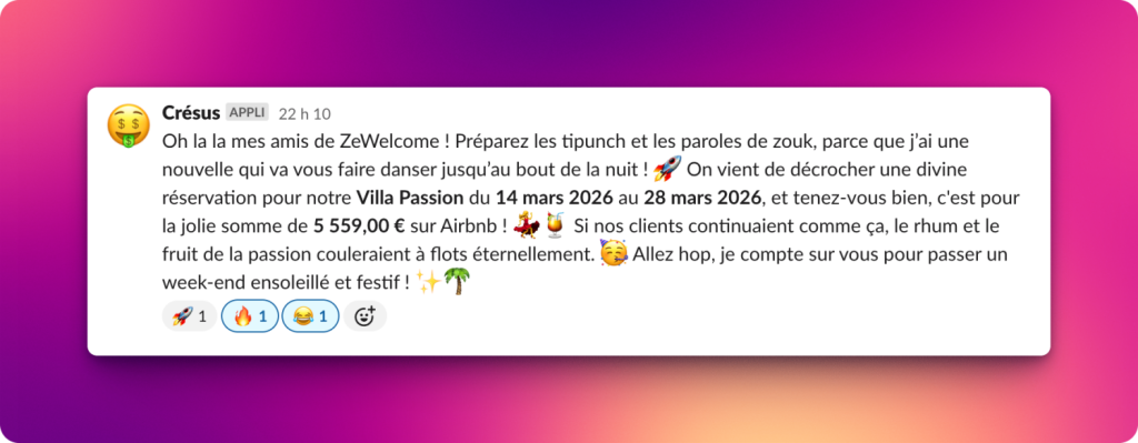Example message sent by Croesus, our AI, who encourages us with every reservation